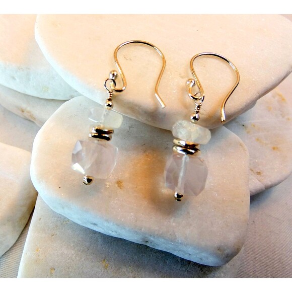 Natural Rose Quartz Rainbow Moonstone Karen Hill Tribe Fine Silver Earrings OOAK - Picture 2 of 5